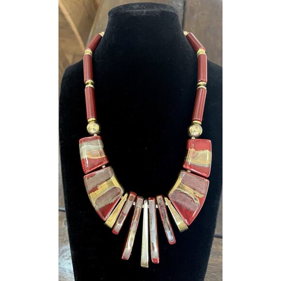 VTG Statement Art Deco Style Ceramic Necklace Red & Gold Beads- Japan 19” - Picture 2 of 4